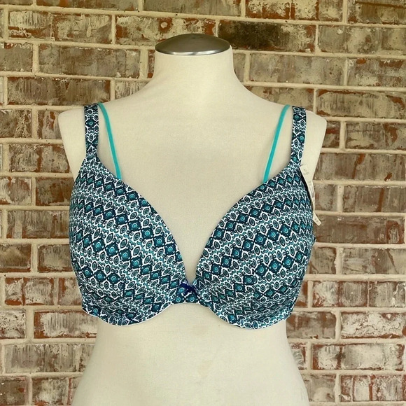 Cacique Teal White Geometric Boost Plunge Plus Size Bra - Picture 1 of 14